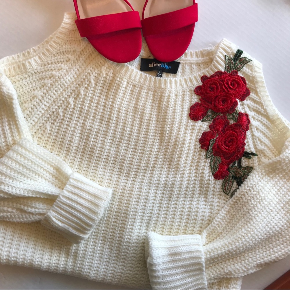 Cream Sweater W/ Floral Embroidery